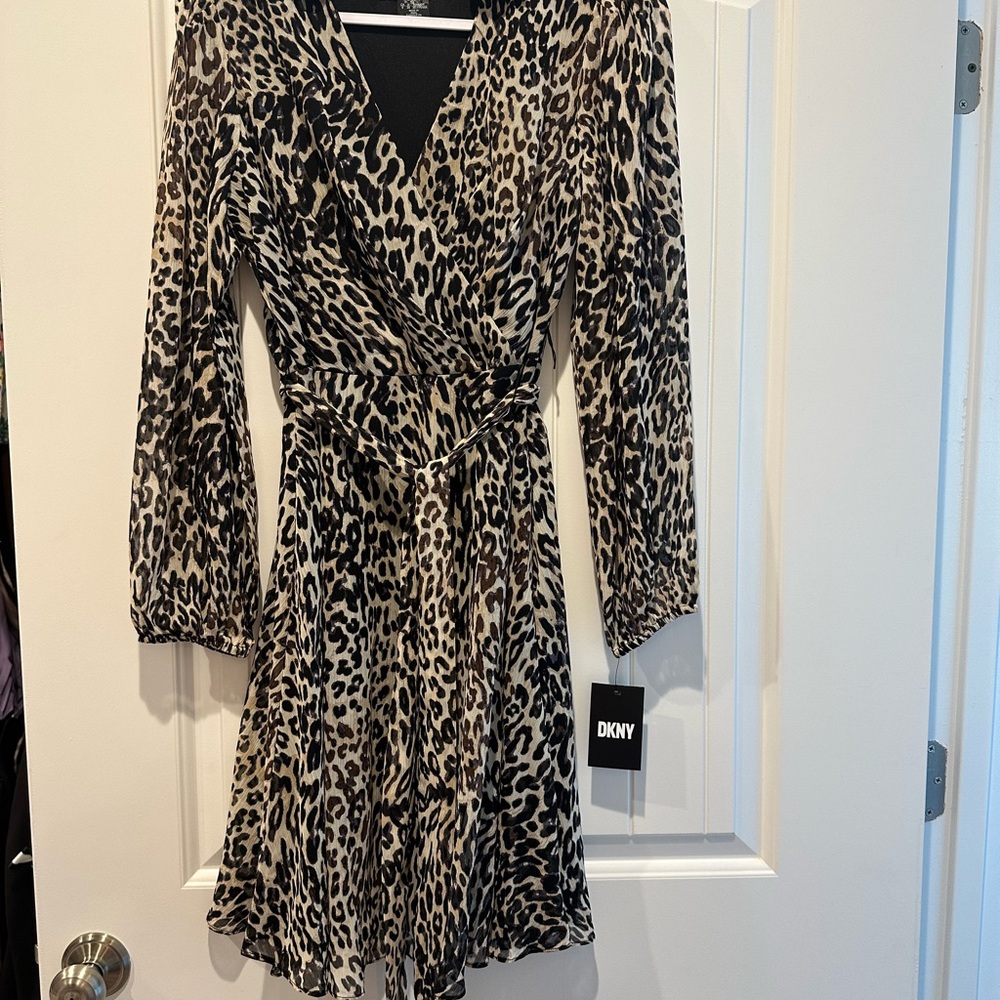 DKNY Black and Cream Animal Print Long Sleeve Dress